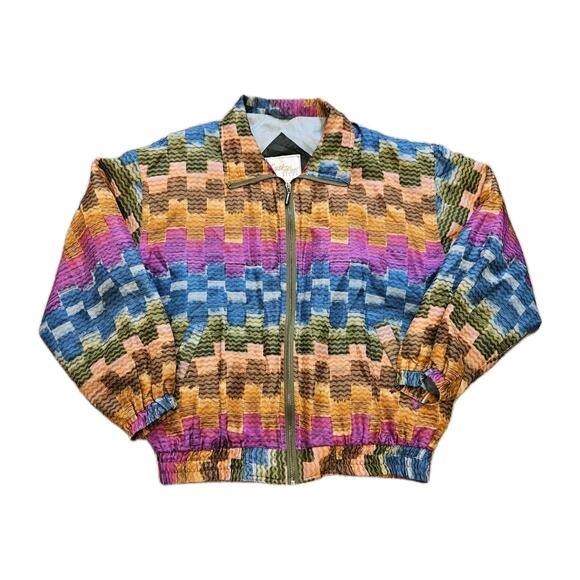 Vtg Checkered Silk Bomber Jacket Size S Oversized Multicolor 80s Retro Artsy 90s - Picture 1 of 9